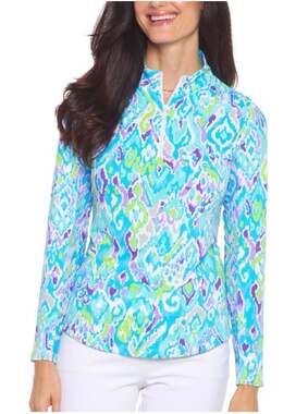 Ibkul Top Womens Small Blue Tillie Jade Lavender Long Sleeve Mock Neck Golf